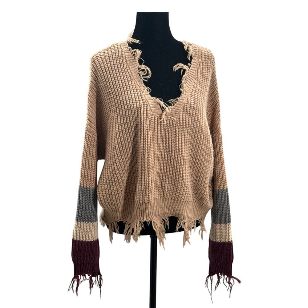 Polly & Esther Grunge V Neck Crop Oversized Sweater Tan-Gray-Burg. Medium